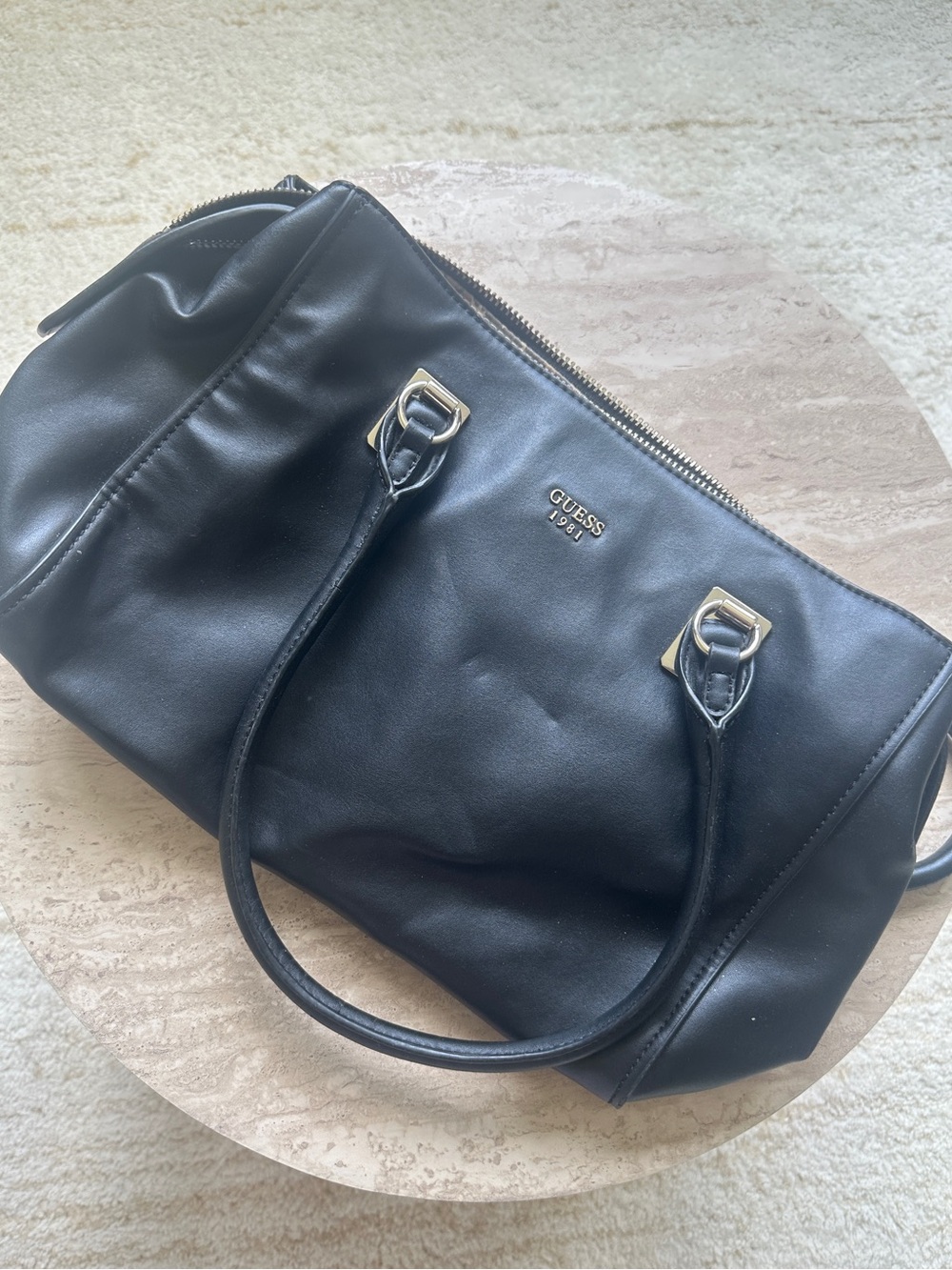 GUESS Black Leather Satchel with Gold Hardware